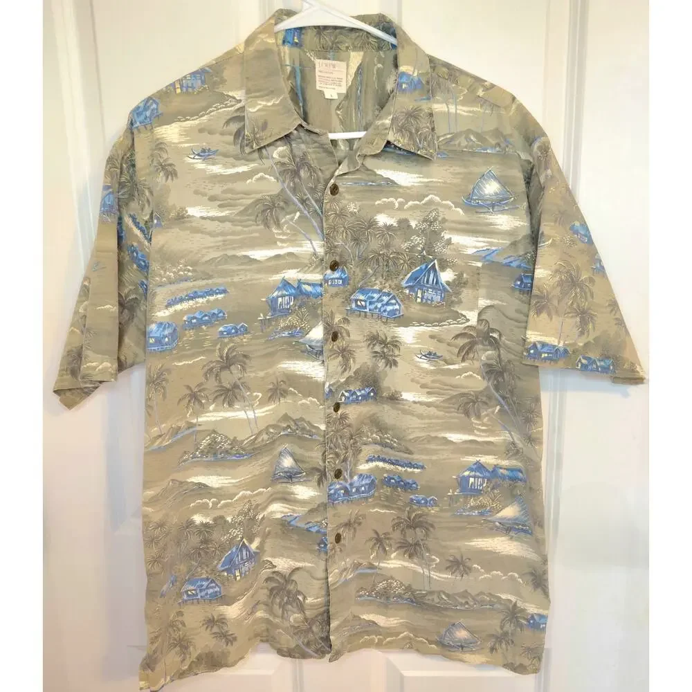 J.Crew Mens Large Hawaiian Camp Shirt Green Tropical Palm Trees Cotton Vintage